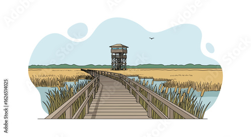 Marsh boardwalk with observation tower and bird