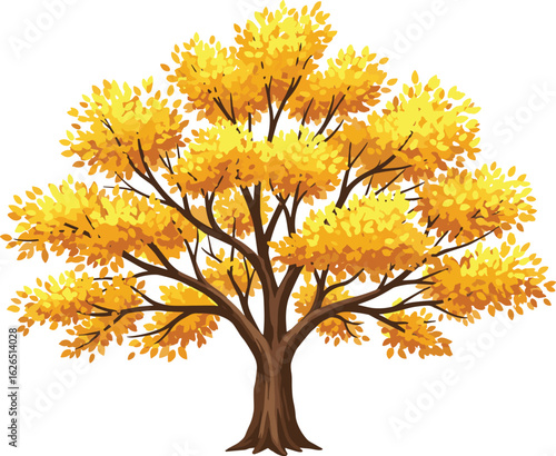 Autumn tree with yellow leaves, fall season foliage, cartoon tree, seasonal tree illustration, orange leaf tree, deciduous fall tree art