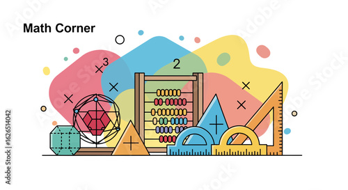 Math corner with geometric shapes and calculation elements