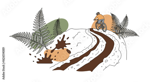 Mountain biking trail path with cyclist and ferns