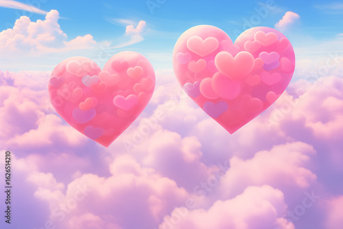 Two heart-shaped clouds in a dreamy pink sky expressing love, affection, and romantic whimsy in a surreal setting.