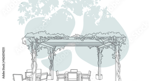 Pergola with climbing plants and outdoor dining set