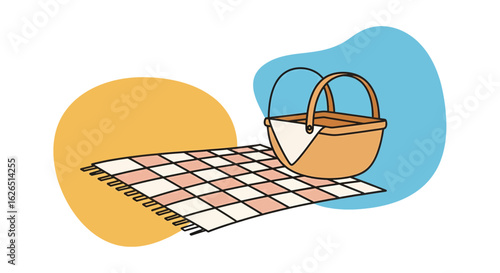 Picnic basket on checkered blanket, sunny outdoor scene