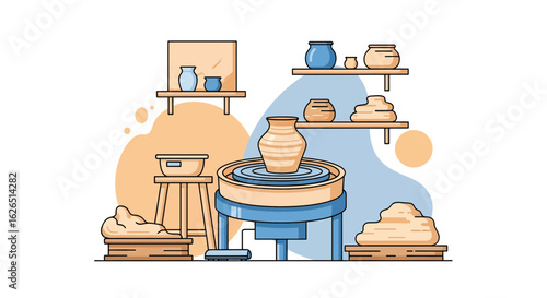 Pottery studio scene with spinning wheel and clay