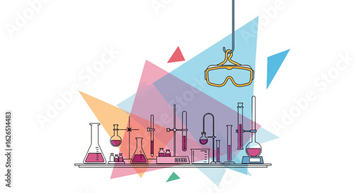 Science lab equipment with safety glasses, colorful background