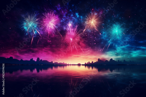 Reflected fireworks over a peaceful lake at night, blending celebration with tranquility and natural beauty.