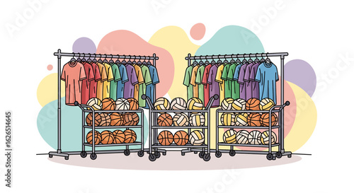 Sportswear and balls on racks display for retail