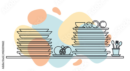 Stacked dishes, cutlery, and food on a shelf