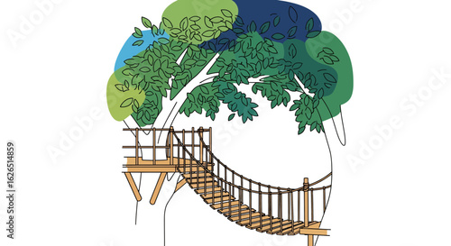 Treehouse bridge outline nature scene for outdoor adventure