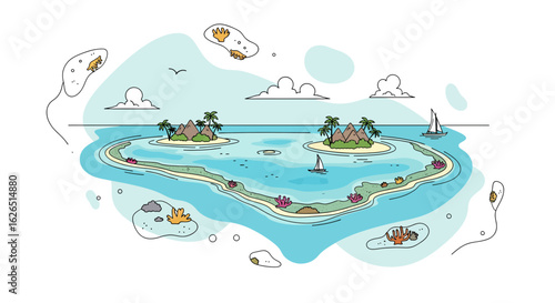 Tropical island scene with sailboats and clouds