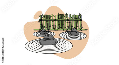 Zen garden stones bamboo fence peaceful meditation space