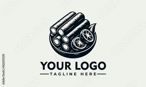 Engraved illustration of spring rolls and lemon slices in a bowl, presented as a logo design element.