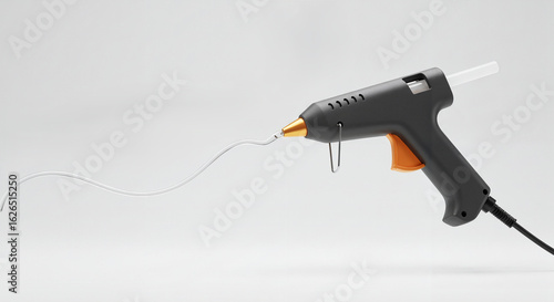 Side view of black glue gun with orange trigger and glue stick, essential tool for crafting and DIY projects