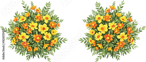 Flower bush, yellow blossoms, orange flowers, green foliage, floral shrub, blooming garden, cartoon bouquet, nature plant, spring flora, decorative flower cluster