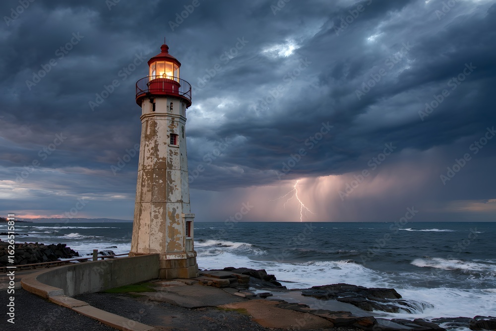 Naklejka premium Dramatic lighthouse stands tall against a stormy sky over the ocean