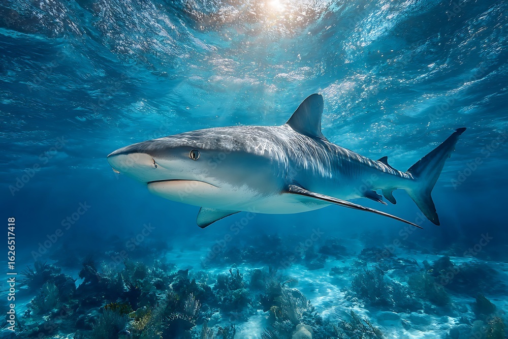 Obraz premium Majestic tiger shark swims in sunlit blue ocean water over coral