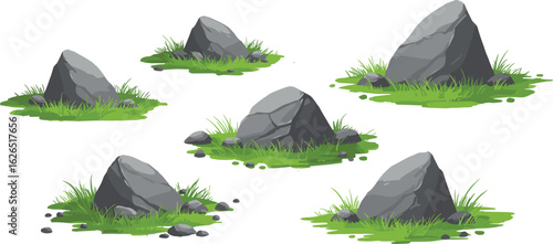 Cartoon rock, grass patch, stone terrain, nature scene, rocky ground, landscape element, decorative boulders, outdoor nature, grassy field, 2D illustration asset