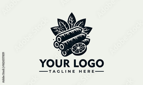 Engraved illustration of spring rolls and lemon slices in a bowl, presented as a logo design element.