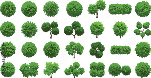 Top view and side view green trees and bushes collection for game map, landscape design, nature illustration, and cartoon environment
