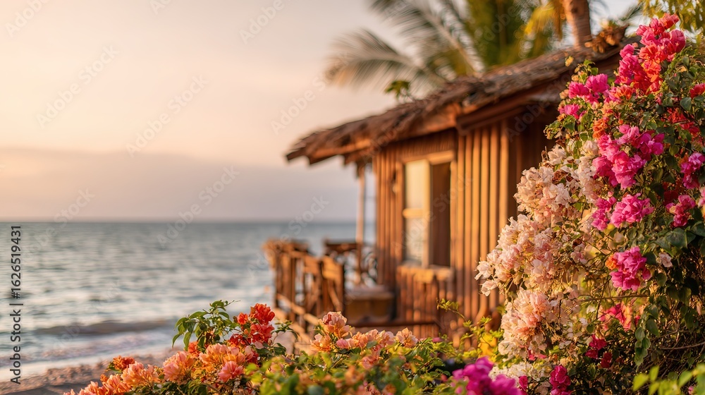 Fototapeta premium A beachfront bungalow bathed in golden hour light, evoking tropical serenity.