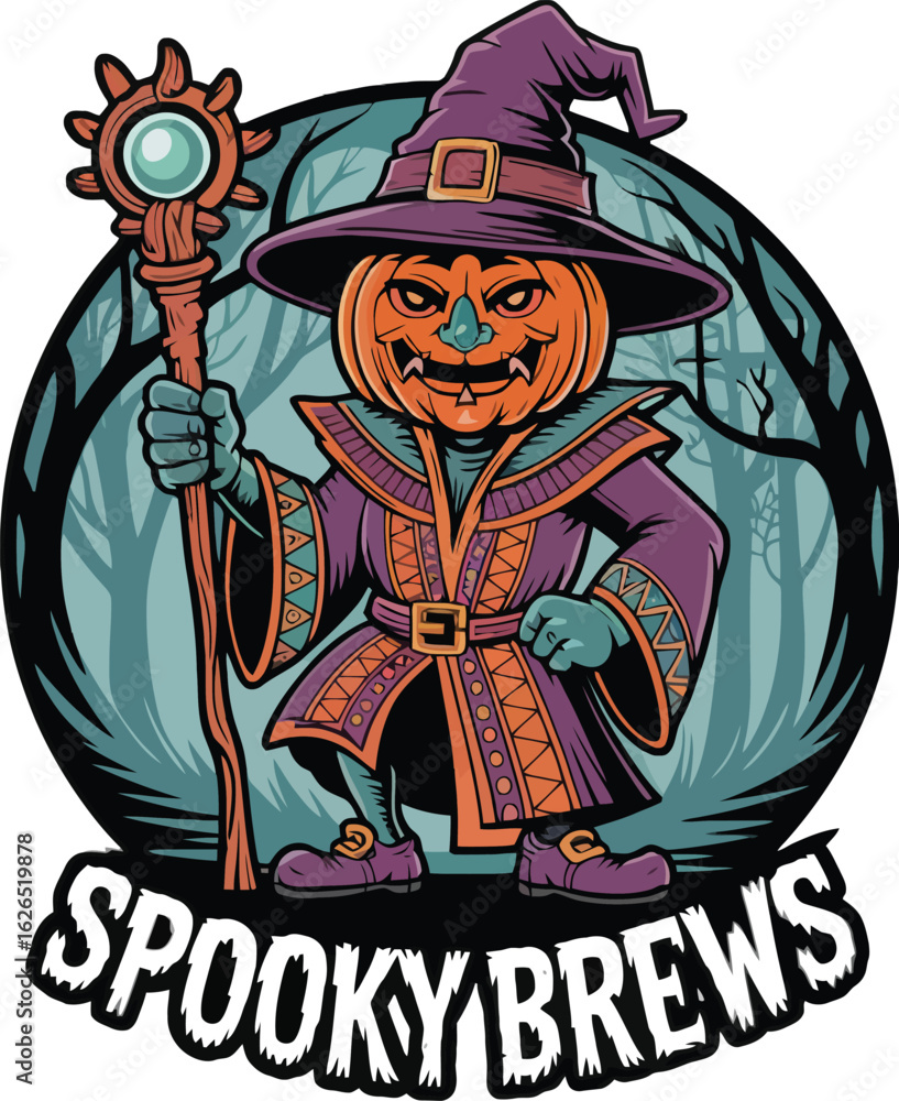 Obraz premium Pumpkin Wizard Brews Halloween Potion in Dark Forest Illustration