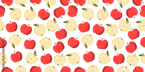 Colorful Apple Seamless Pattern with Red and Yellow Apples on a White Background. Cheerful, fresh pattern suitable for various projects.