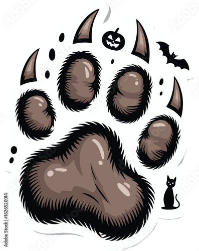Halloween Bear Paw Print Sticker with Bat and Pumpkin Elements
