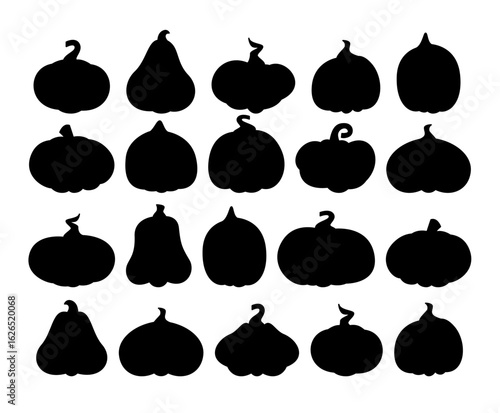 Various silhouettes of pumpkins and gourds suitable for fall-themed designs and decorations. Multiple black silhouettes of diverse pumpkin and gourd shapes for autumn celebrations and design projects.
