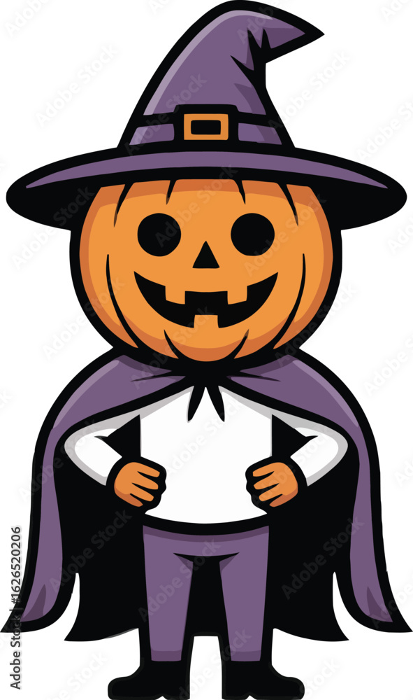 Pumpkin Head Magician with Hat and Cloak in Standing Pose Design Pumpkin Head Magician with Hat and Cloak in Standing Pose Design