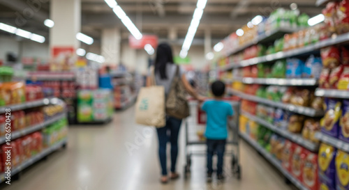 A person shopping in a store while pushing a shopping cart, selecting products from the shelves. The scene captures everyday life and the consumer experience in a supermarket or grocery store setting