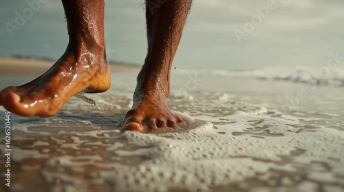 Barefoot feet walking on sandy beach near ocean shore, water splashing, cinematic slow motion