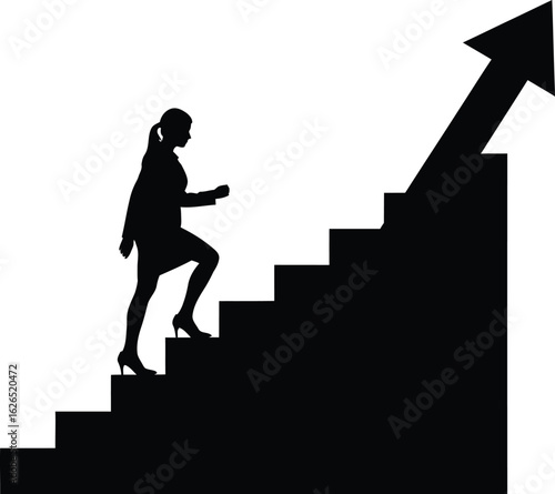 Woman climbing stairs with upward arrow isolated on white background