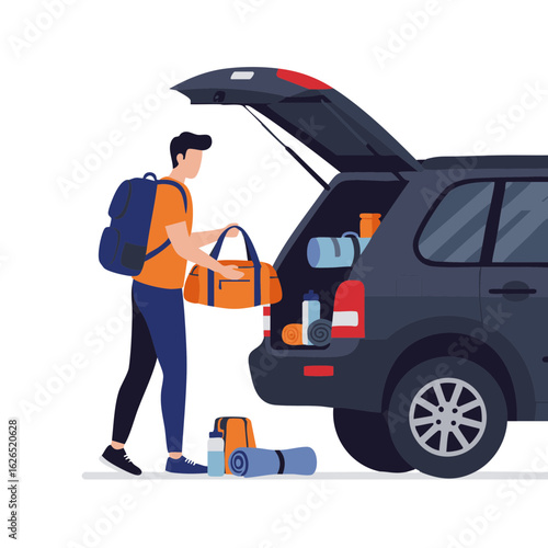 Man loading sports gear into SUV car trunk