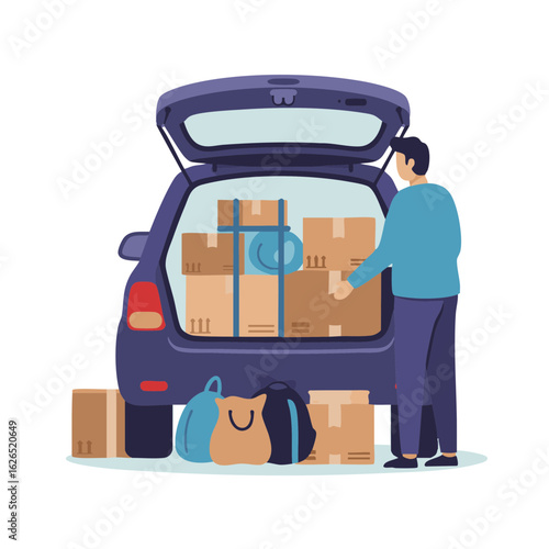 Man closing full car trunk packed with bags and boxes