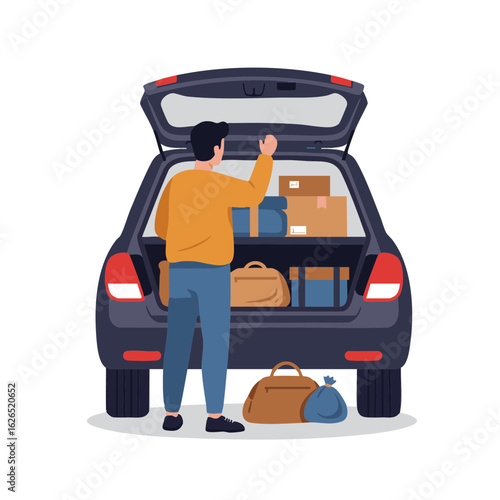 Man closing full car trunk packed with bags and boxes