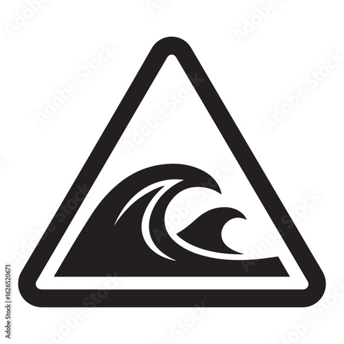 Black and white vector illustration of a tsunami warning sign, depicting powerful ocean waves within a triangular symbol.