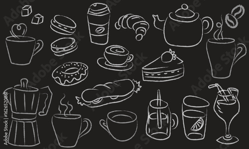 Chalkboard illustration of  various snacks or fast food and drinks and coffee, hand drawn vector illustration for coffee shop and food or food delivery business