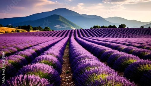 Lavender Field Blooming with Mountain View in the Background