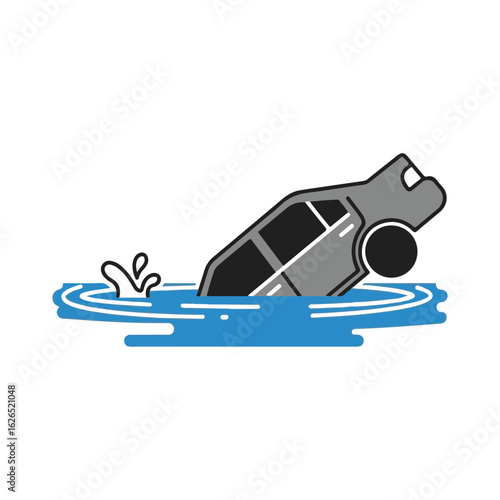 Vector illustration of a grey car submerged in blue water with splashes, symbolizing flood or water damage.