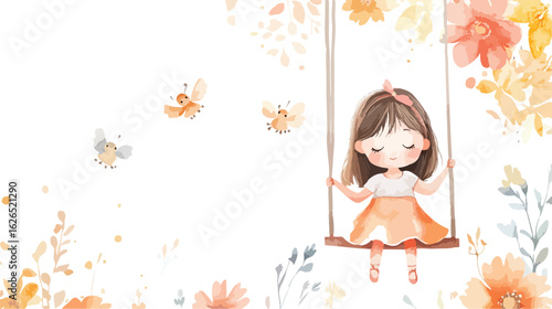 Charming watercolor illustration of a young girl enjoying a swing among soft floral elements