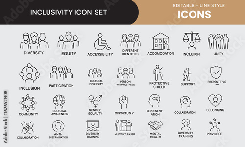 Inclusivity icon set. Thin line editable stroke icons for diversity, equity, accessibility, global community, multiple different gender and cultural identities,