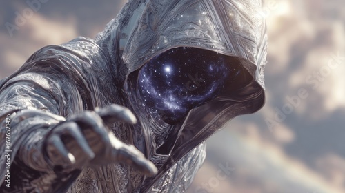 Silver figure hooded, with a starry galaxy where face should be, arm extending forward