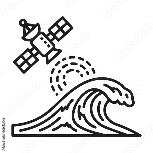 Black and white vector line art illustration depicting a satellite monitoring an ocean wave, symbolizing tsunami warning or oceanic remote sensing.
