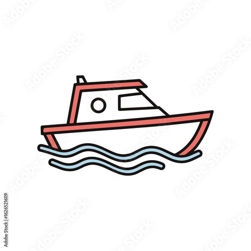 Simple vector illustration of a cartoon boat with red trim floating on blue waves, isolated on a white background.