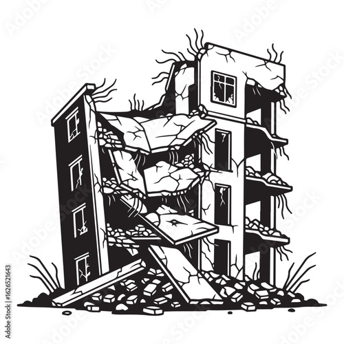 Vector illustration of a destroyed building in black and white, depicting ruin and urban decay