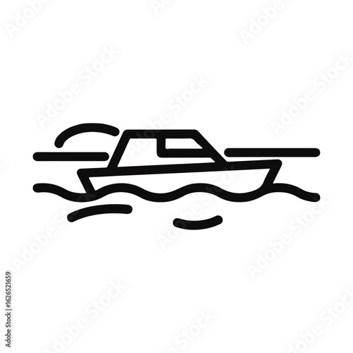 Black outline illustration of a speedboat cruising on water with motion lines, depicting speed and transport.