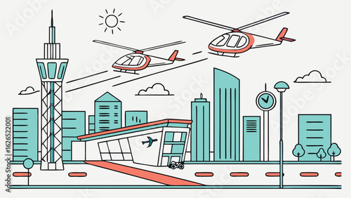 Illustration of city skyline with airport control tower helicopters sun and various buildings in line art