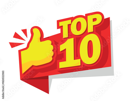 Top 10 choice list header. Advertising sticker with red thumb up. Vector on transparent background