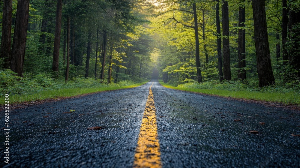 Naklejka premium road in the green forest at sunset. beautiful nature scenery with empty road.