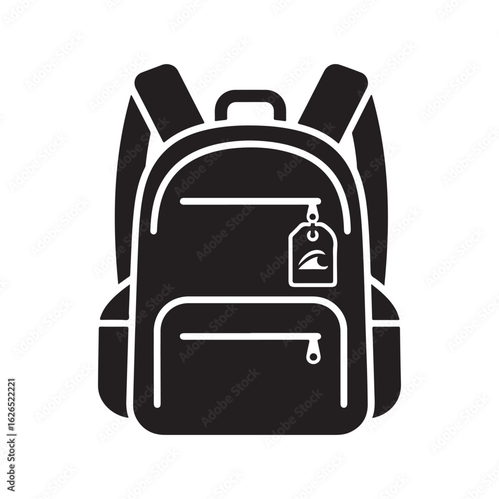 Black and white vector illustration of a backpack icon with a wave tag, isolated on a white background. Black and white vector illustration of a backpack icon with a wave tag, isolated on a white background.